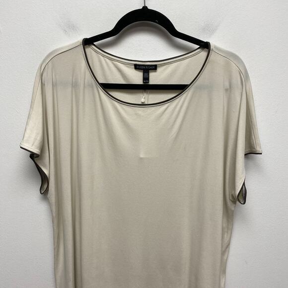 Eileen Fisher Beige Silk Piped Trim Short Sleeve Boat Neck Pullover Top XL $148 - Picture 2 of 10